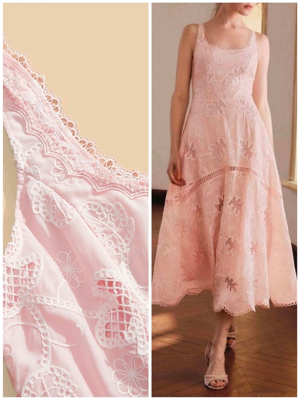 New Luxe Embroidered Floral Lace Trimmed A Line Midi Tank Dress Pink